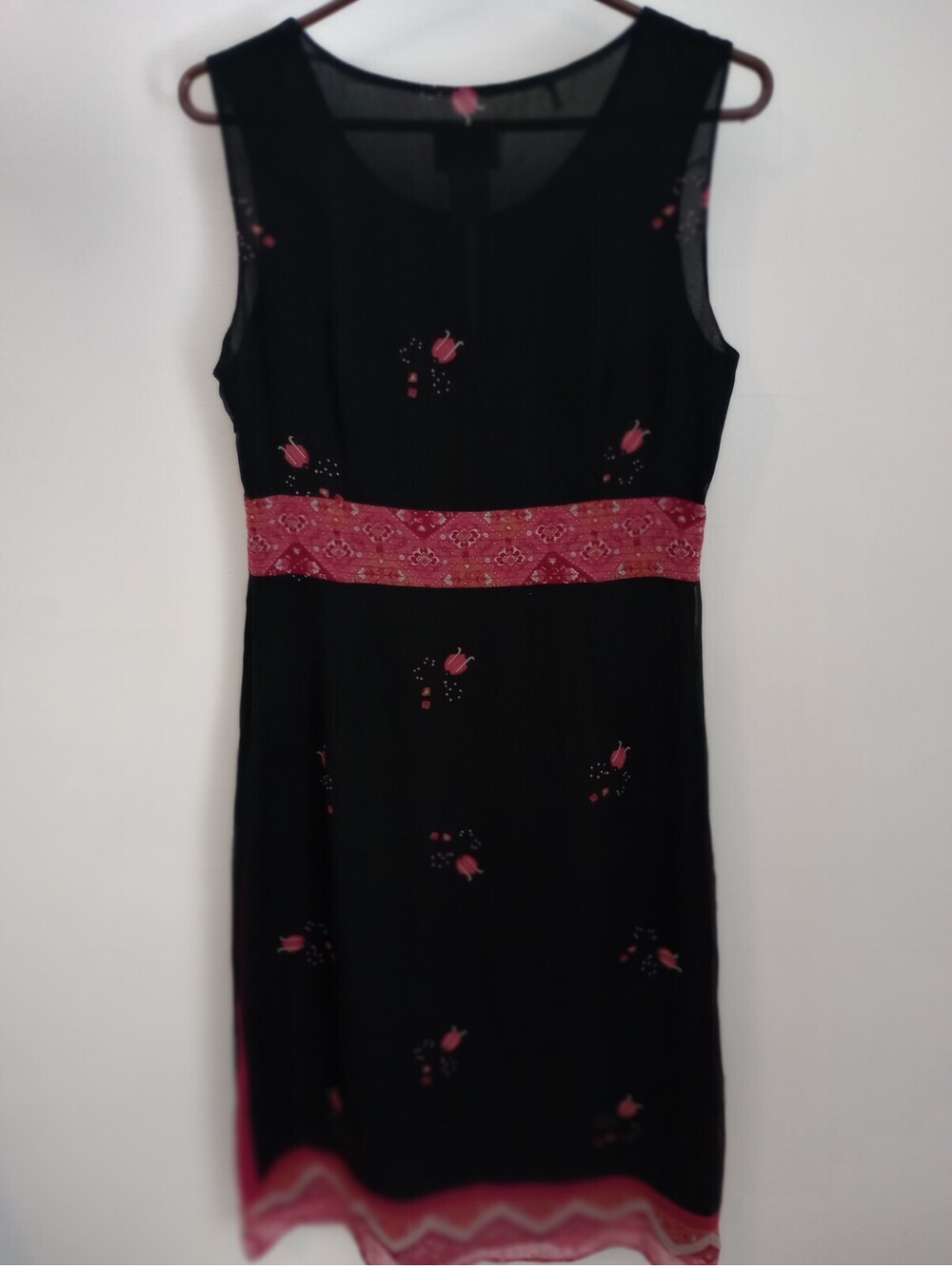 Vtg Y2K ICE Silk Dress Boho Chic Dress Beaded Fuscia Pink Black Lined Sz 8 - Picture 8 of 9